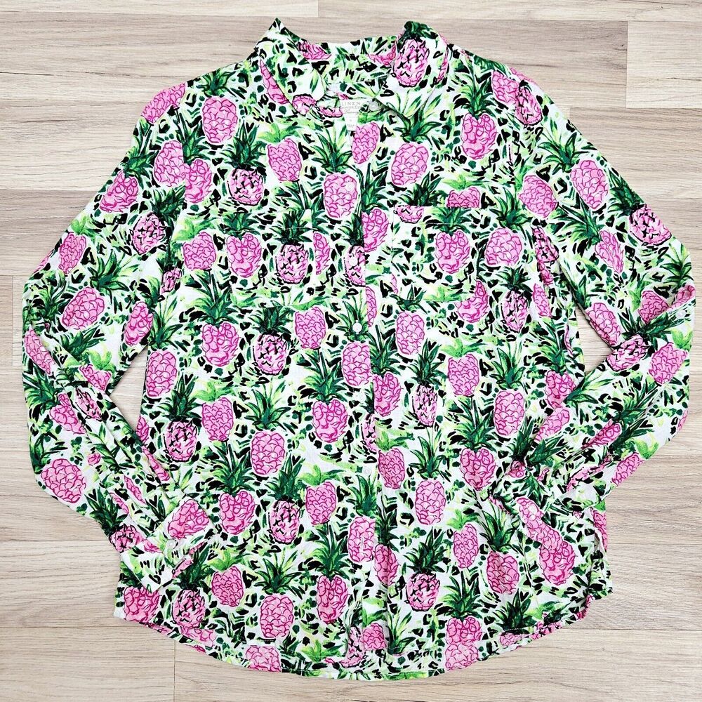 Charter Club Linen Luxury Womens Green Fushia Pineapple Button Down Shirt Small
